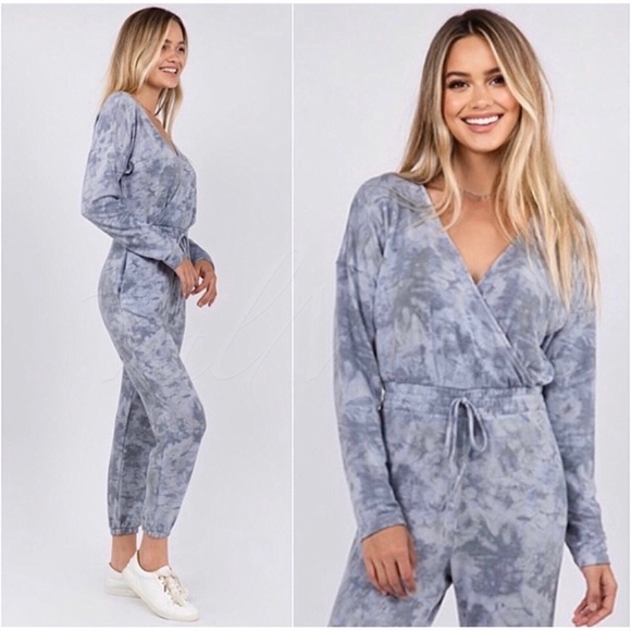Private Label Pants - New Dusty Blue French Terry Women's Summer To Fall Tie Dye Jumpsuit
